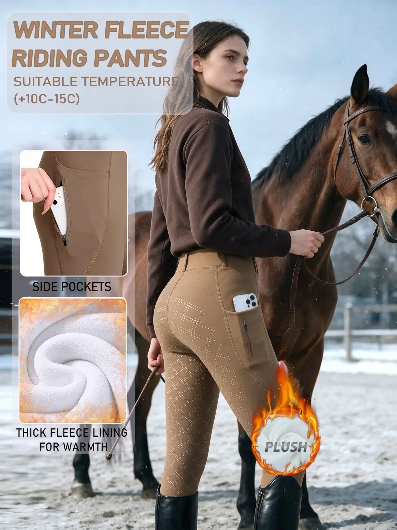Winter Fleece Lined Equestrian Breeches Women Full Silicone Grip Horse Riding Pants Thick Warm Stretchy Riding Tights Jodhpurs