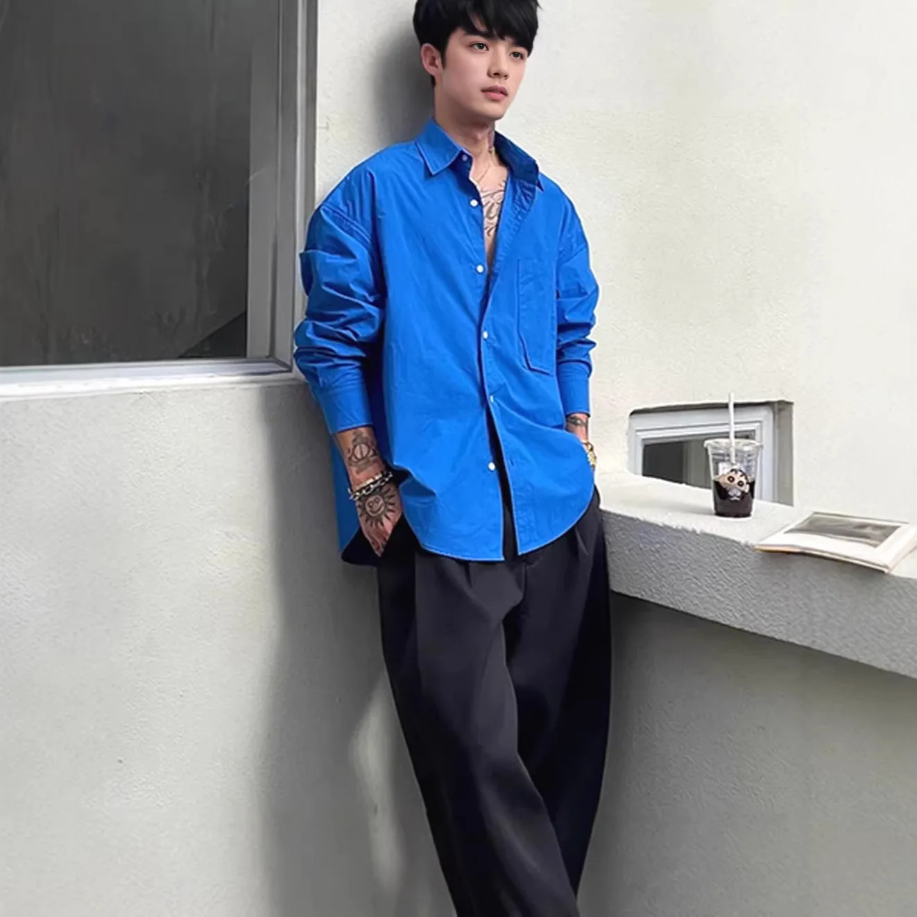 Klein Blue Linen Pocket Long Sleeve Shirt Men's American Vintage Casual Top