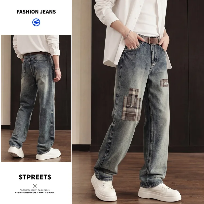 2026 Spring Autumn Men Vintage Blue Plaid Patch Straight Jeans Soft Comfort American Trend Casual Denim Pants