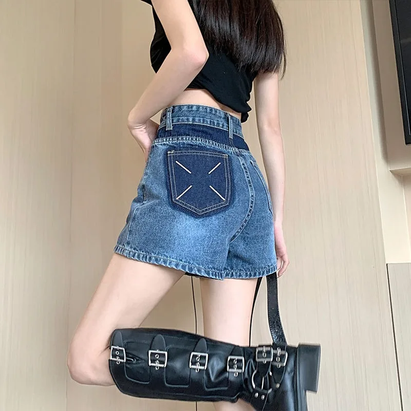 Color Blocking Retro Denim Shorts Women's Summer New High Waisted Baggy Slimming A-line Wide Leg Hot Short Jean Pants Ins Trend