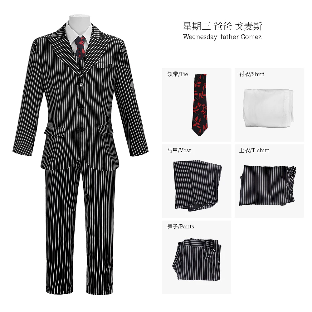 

Movie Gomez Addams Cosplay Costumes Suit Anime Black Wigs Family Proms Uniform Outfits Halloween Carnival Suit for Man