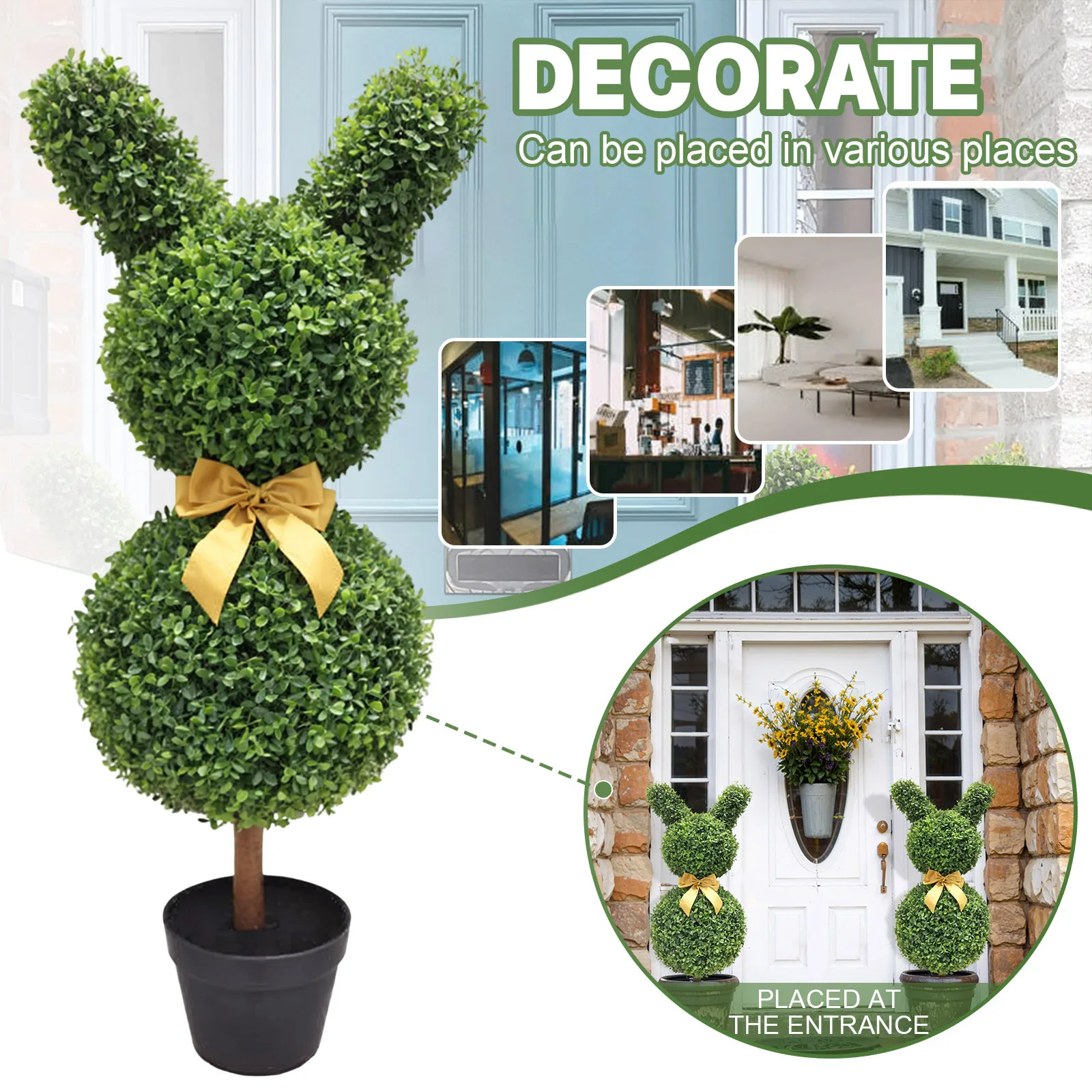 35 Inch Bunny-Shaped Artificial Topiary Tree With Bowknot Uv Faux Boxwood For Porch Decor Outdoor/Indoor