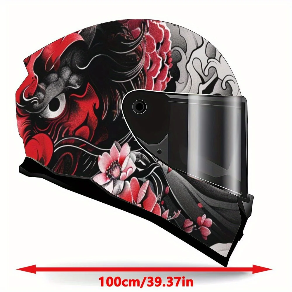 Oni Mask with Wave Shadow PVC Motorcycle Helmet Vinyl Wrap, Self-Adhesive Waterproof Sticker, Anti-Scratch Decorative Film for F