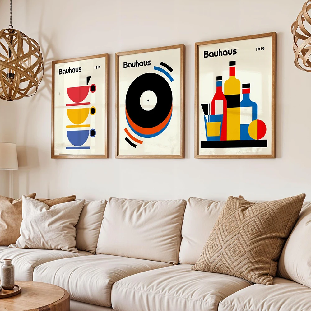 Set of 3 Bauhaus Kitchen Poster, Modern Geometric Wall Art, Minimalist Bauhaus Prints, Mid Century Home Bar Wall Art Decor