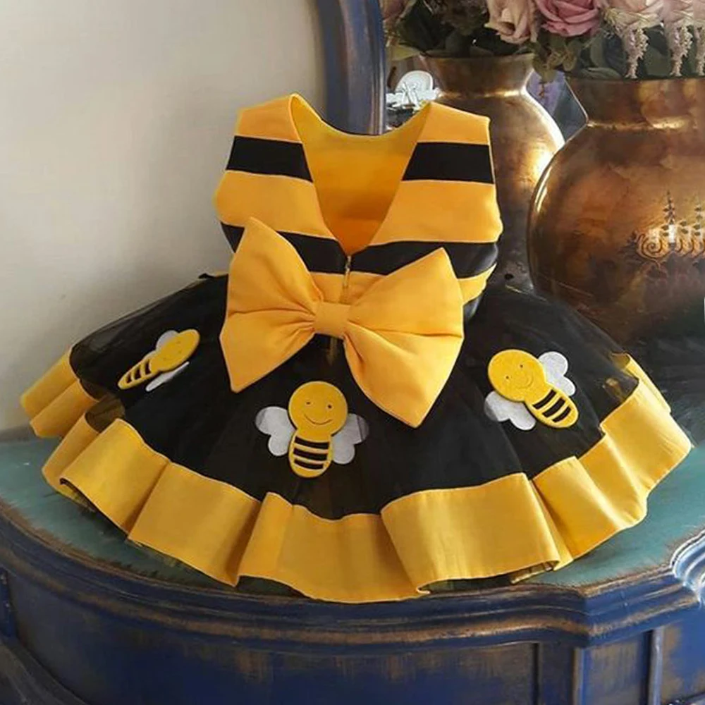 Honey Bumble Bee Girls Party Dress for Kids 1st Birthday Striped Birthday Girl Dresses Bow Halloween Christmas Cosplay Costumes