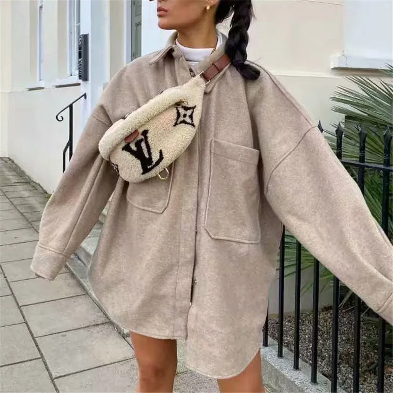 Autumn Fashion Ladies Soft Coats Elegant Girls Chic Big Pocket Tops Outerwear  Women Oversize Woolen Solid Casual Jackets