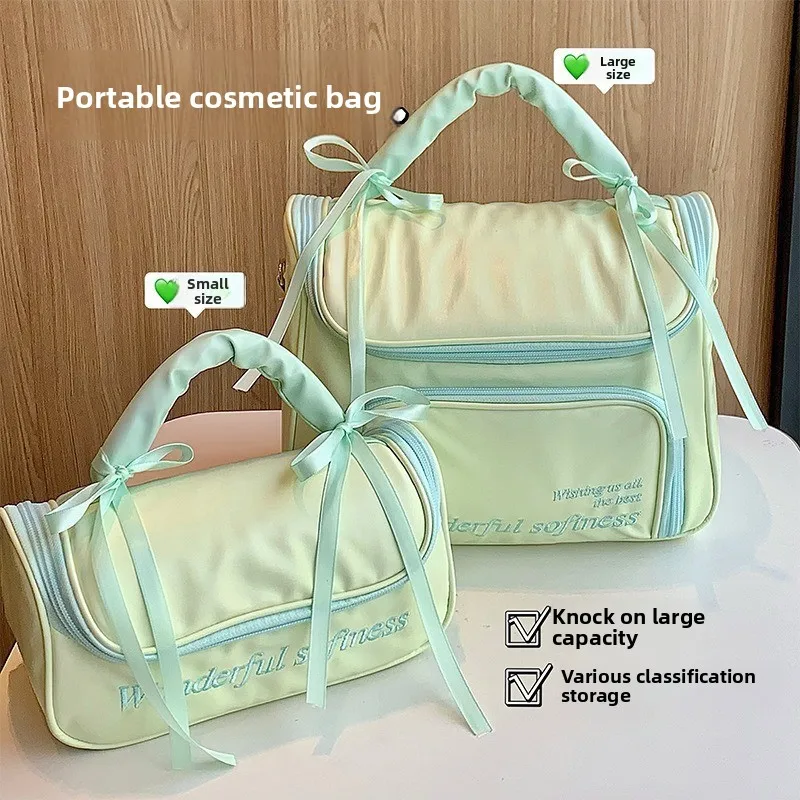 Cute Bow Makeup Bag Large Capacity Handheld Portable Gift Travel Waterproof Toiletry Organizer Pouch