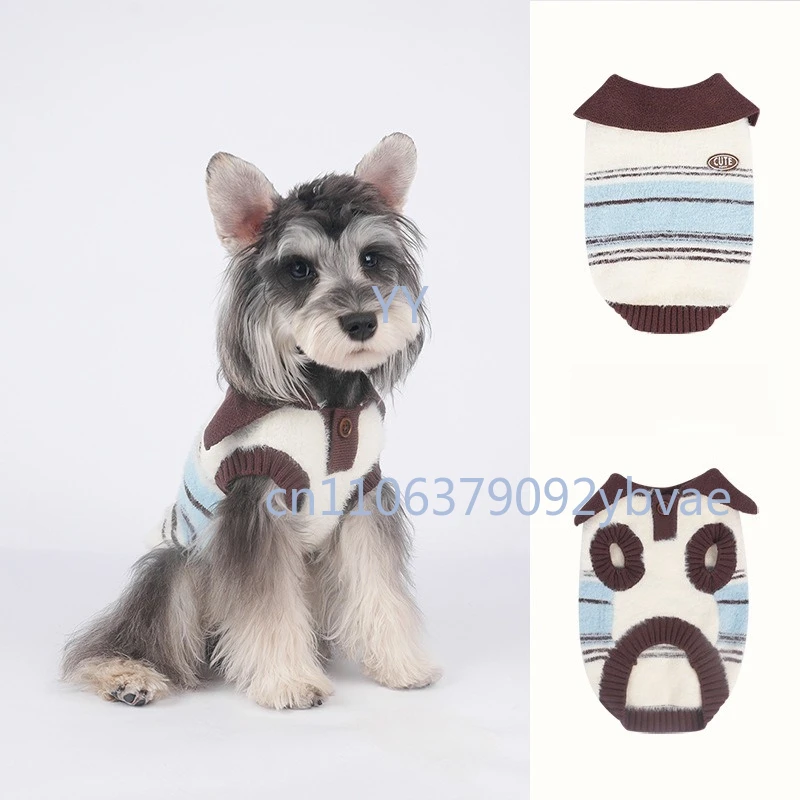 

Autumn and winter dog cat clothes striped lapel sweater comfortable and warm small and medium teddy puppet pet clothes