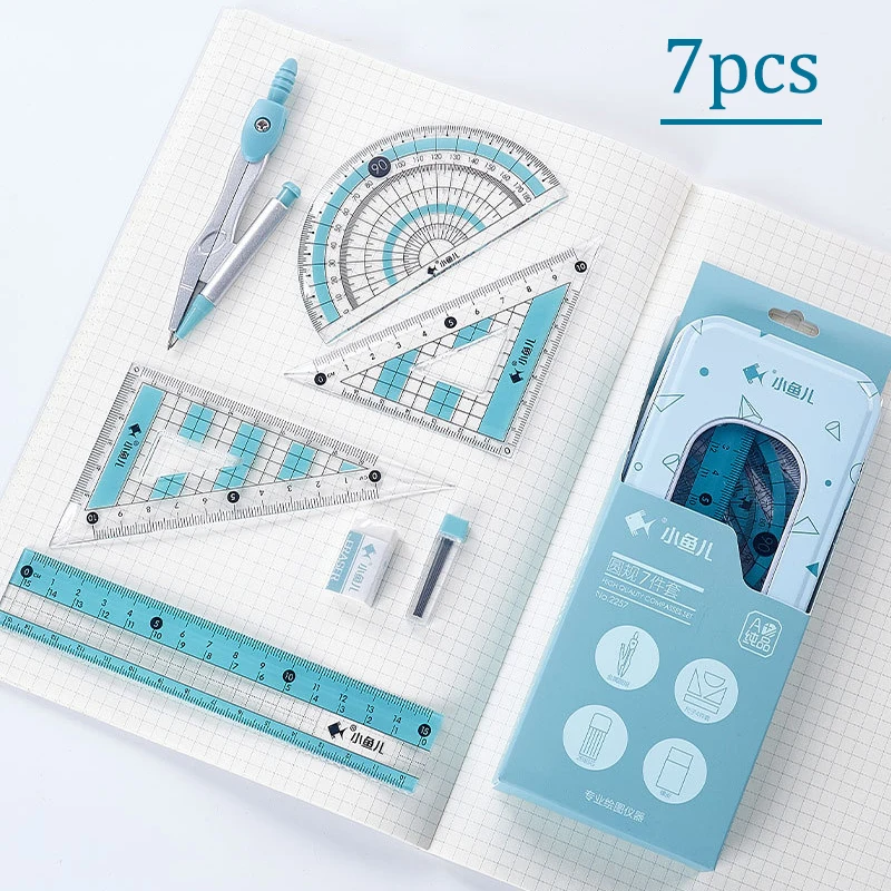 Metal Box Compass Set Ruler Measurement Set Learning Professional Multifunctional Drawing Tool Set Ruler And Ruler Seven-Pcs Set