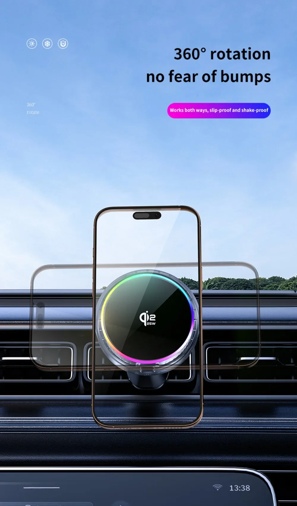 Luftgekühltes Auto-Qi2.2 25W Magnetisches Kabelloses Ladegerät mit RGB-Licht und Telefonhalterung für Magsafe iPhone 17 16 Pro Max Schnellladehalterung – Detail 9