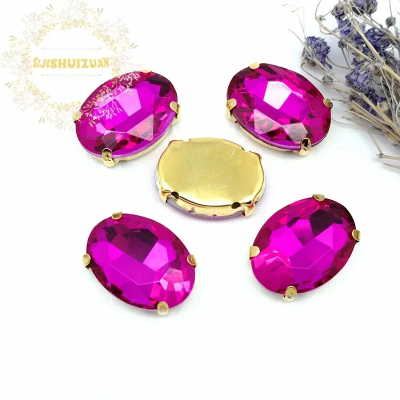 Rose red Crystal Oval With Gold Claw Setting Rhinestones Sewing Clothe For Needlework Stone DIY Sew On Wedding Dress Shoes Bags