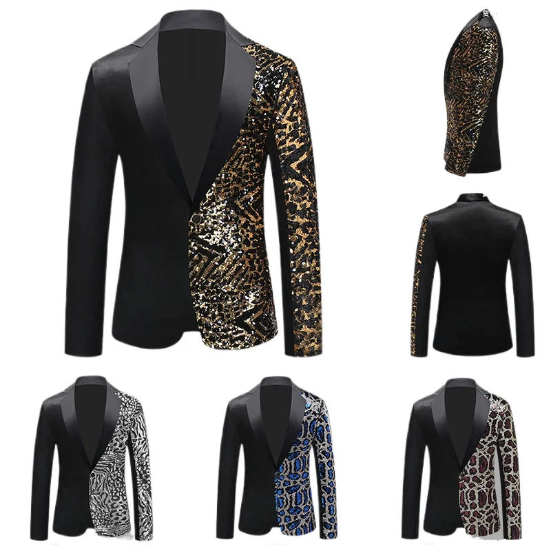 

Мужской пиджак с блестками и цветными блоками 2025 года, красно-золотой повседневная куртка с блестками для ночного клуба, бара, певицы, вечера, банкета и вечеринки