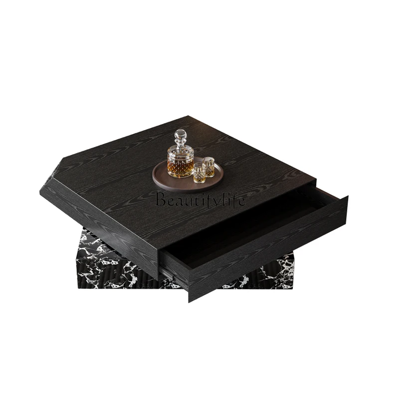 

Italian Minimalist Coffee Table Rotatable Drawer Storage Marble Living Room Home