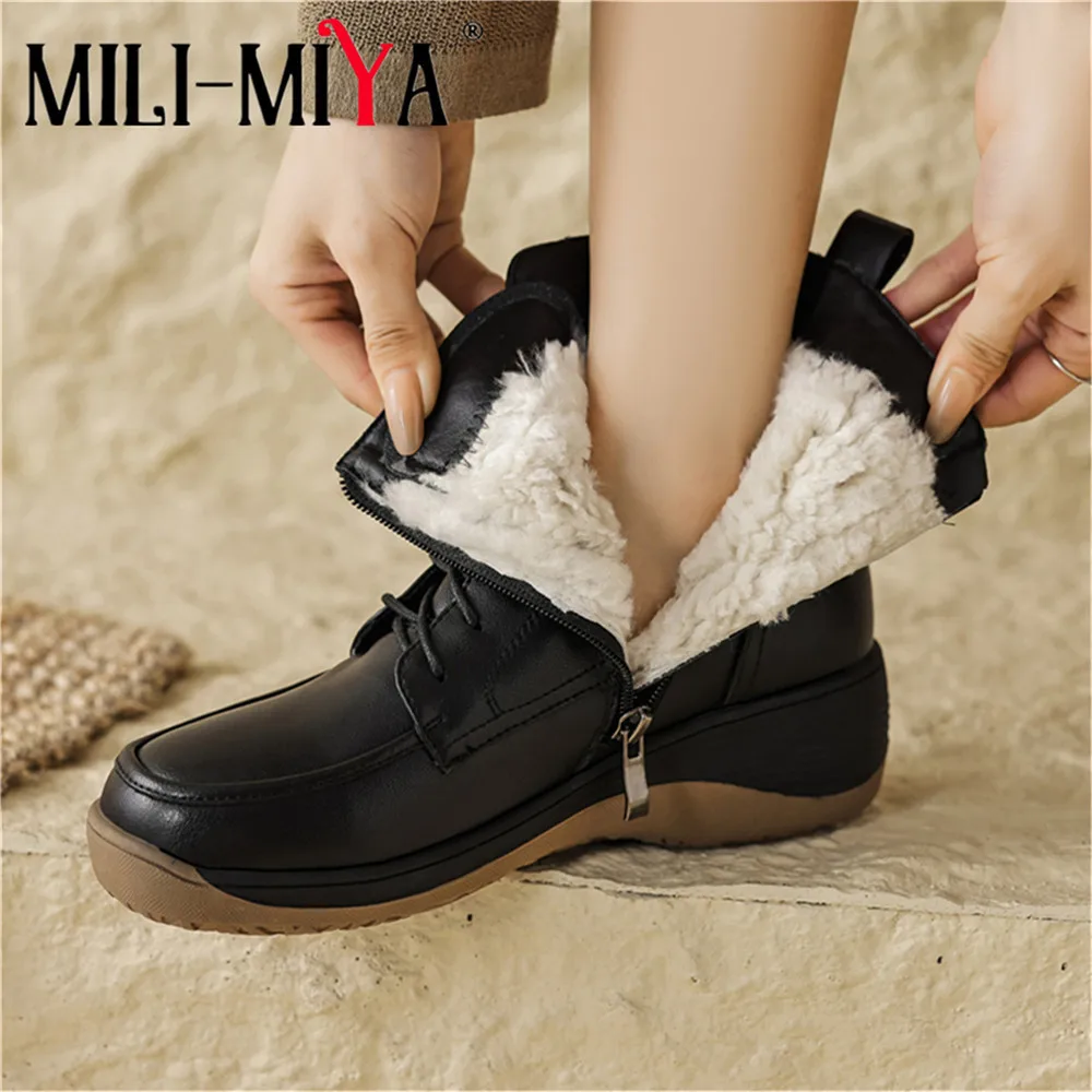 

MILI-MIYA New Arrival Concise Style Women Cow Leather Ankle Snow Boots Warm Wool Solid Color Plus Size 34-40 Winter Shoes