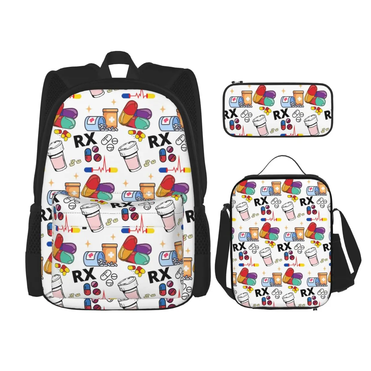 

Pharmacy Pattern Pills RX Backpacks Children Bookbag School Bags Rucksack Lunch Bag Pen Bag Three-Piece Set