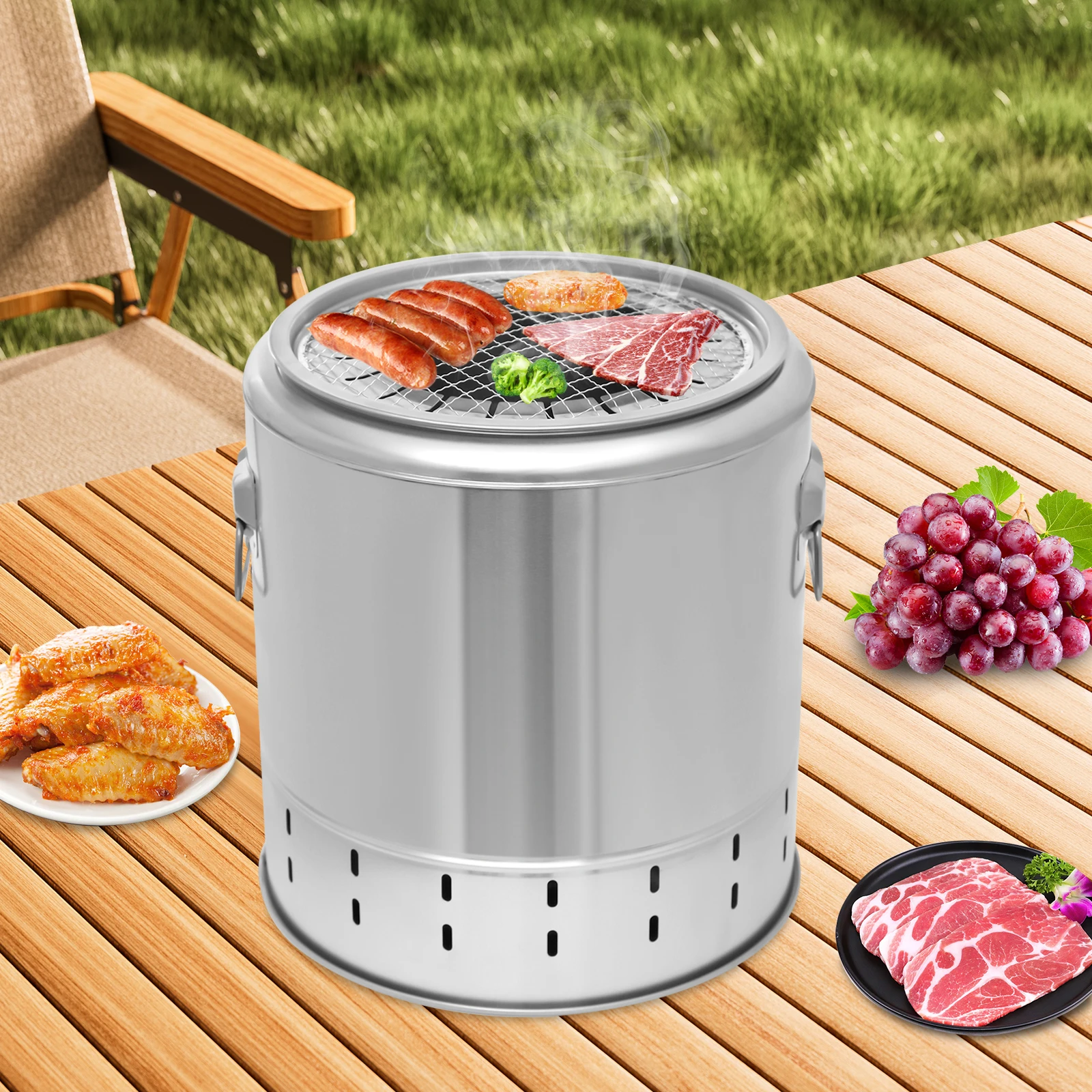

Stainless Steel Portable Smokeless BBQ Charcoal Grill 2-in-1 Cylindrical Silver Floor-Mounted Solid Wood Plastic