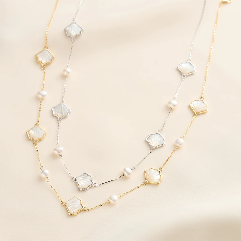 

KISS MANDY Bohemia Shells Charm Necklace Sea Beach Freshwater Pearls Necklace Chain 925 Silver Women Summer Gift Jewelry GPN86