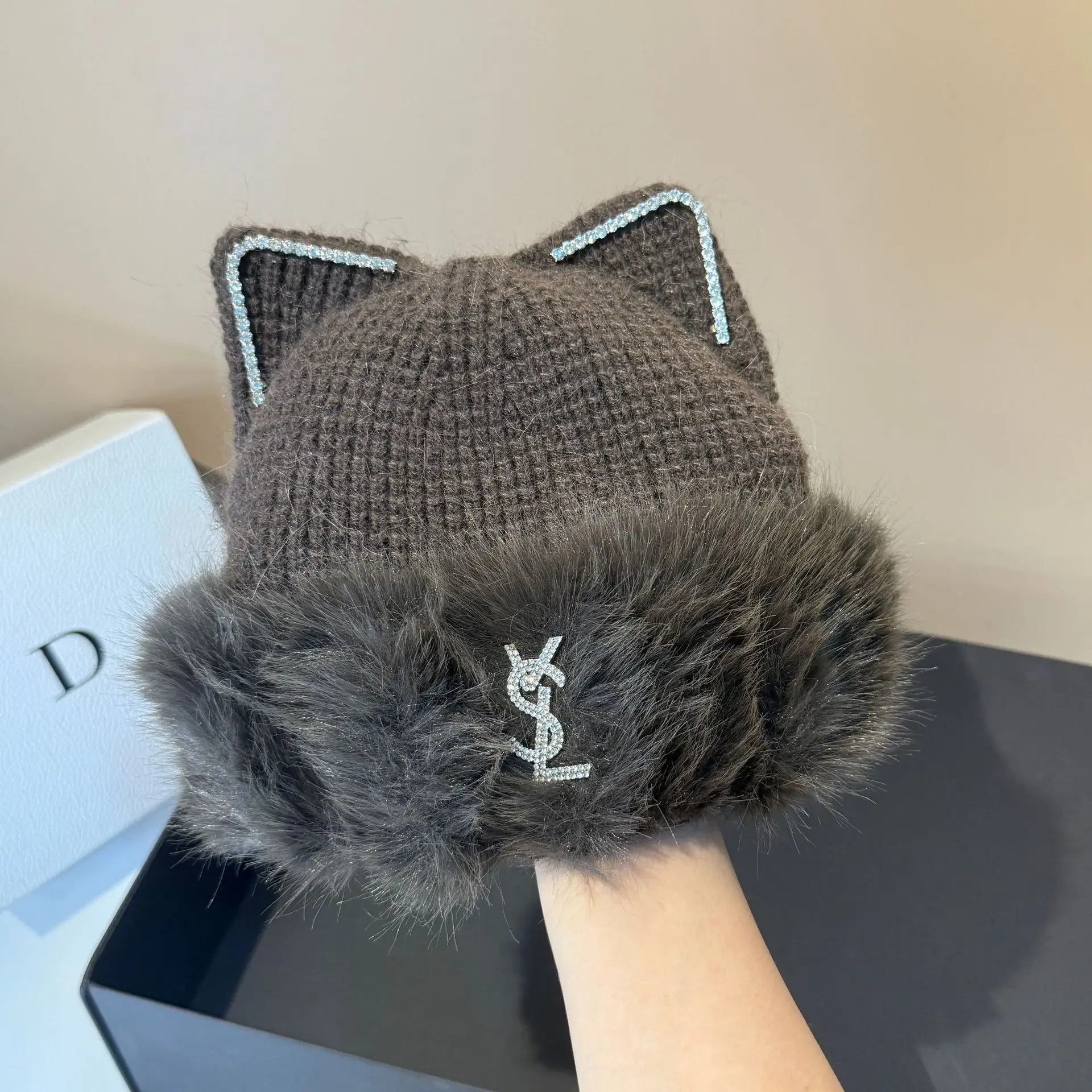 Berretto da donna con orecchio di gatto a doppio strato, cappello lavorato a maglia in pelliccia sintetica, berretto da cacciatore caldo invernale dimagrante carino