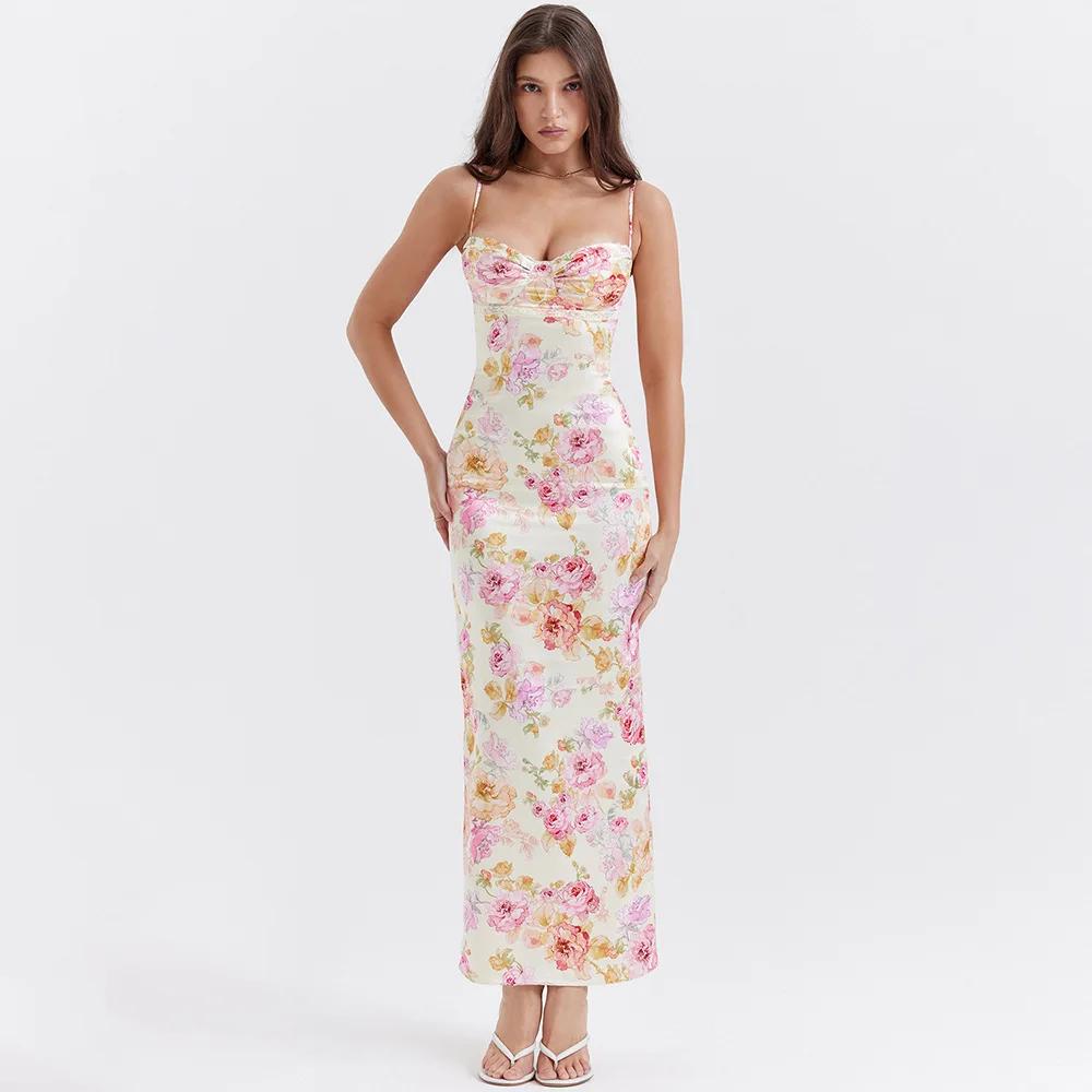 

Women's new printed halter dress sexy backless split holiday wind floral dress woman