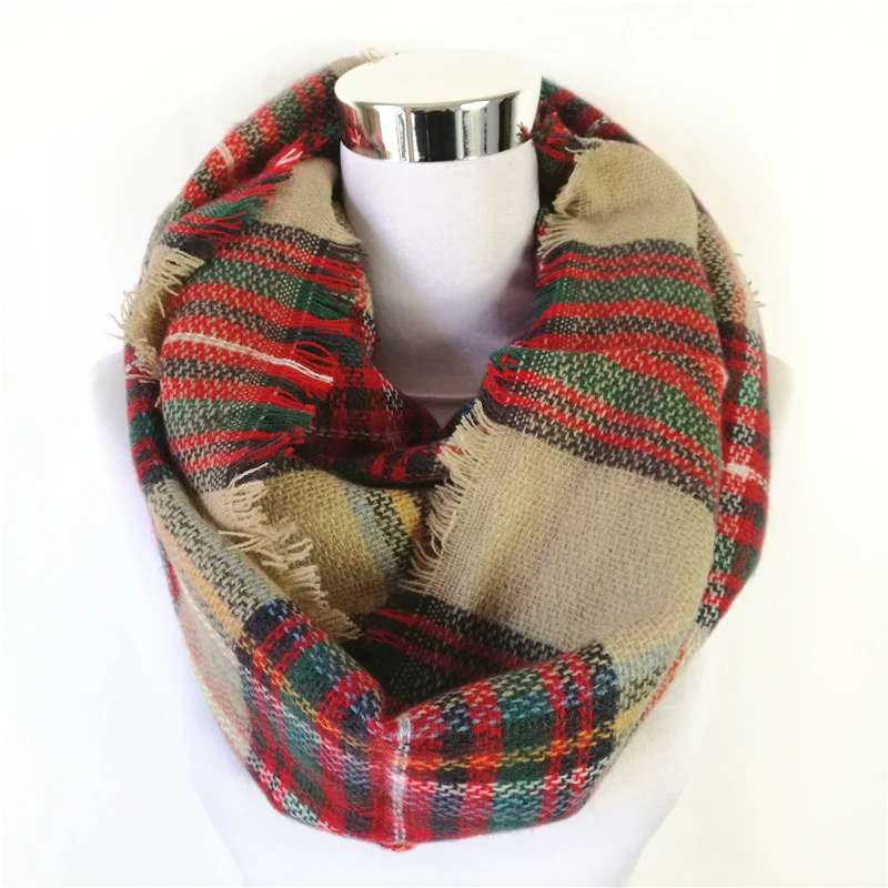 New Fashion Plaid Blanket Scarf Neck Warmer Acrylic Loop Scarf Popular Winter Snood Tartan Women Infinity Scarf