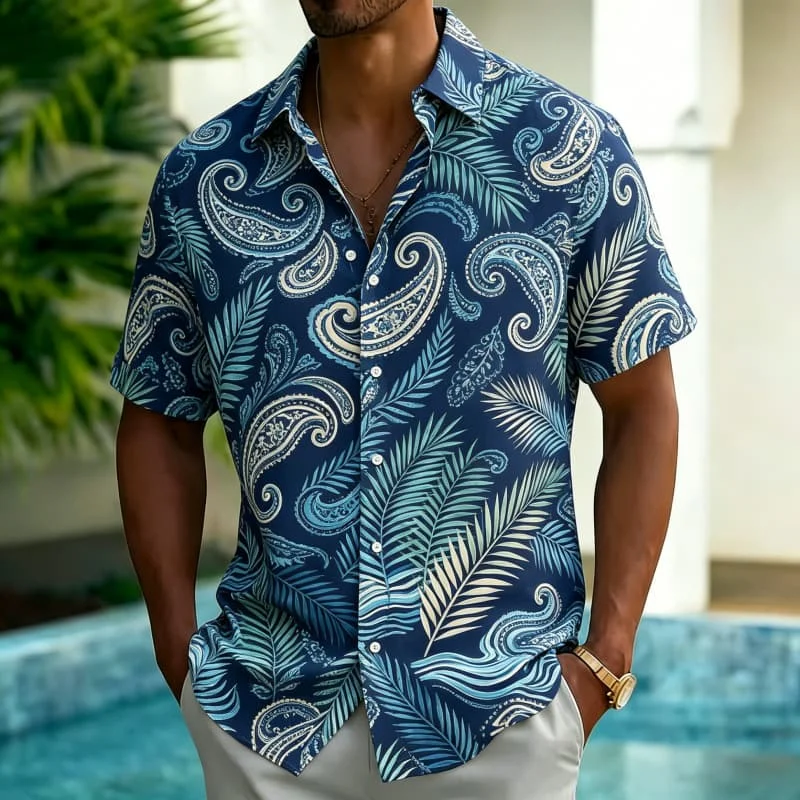 

Men's Retro Paisley & Tribal Print Short Sleeve Shirt，for Fall Outings, Casual Gatherings and Warm Weather Weekend Plans