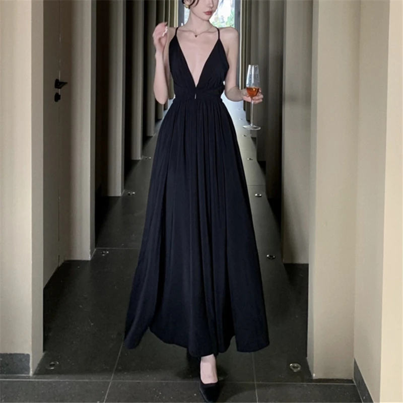 Elegant Black Long Bodycon Dress for Women Slim Sleeveless Fashion Backless Solid Party Evening Prom Dresses New Summer 2023