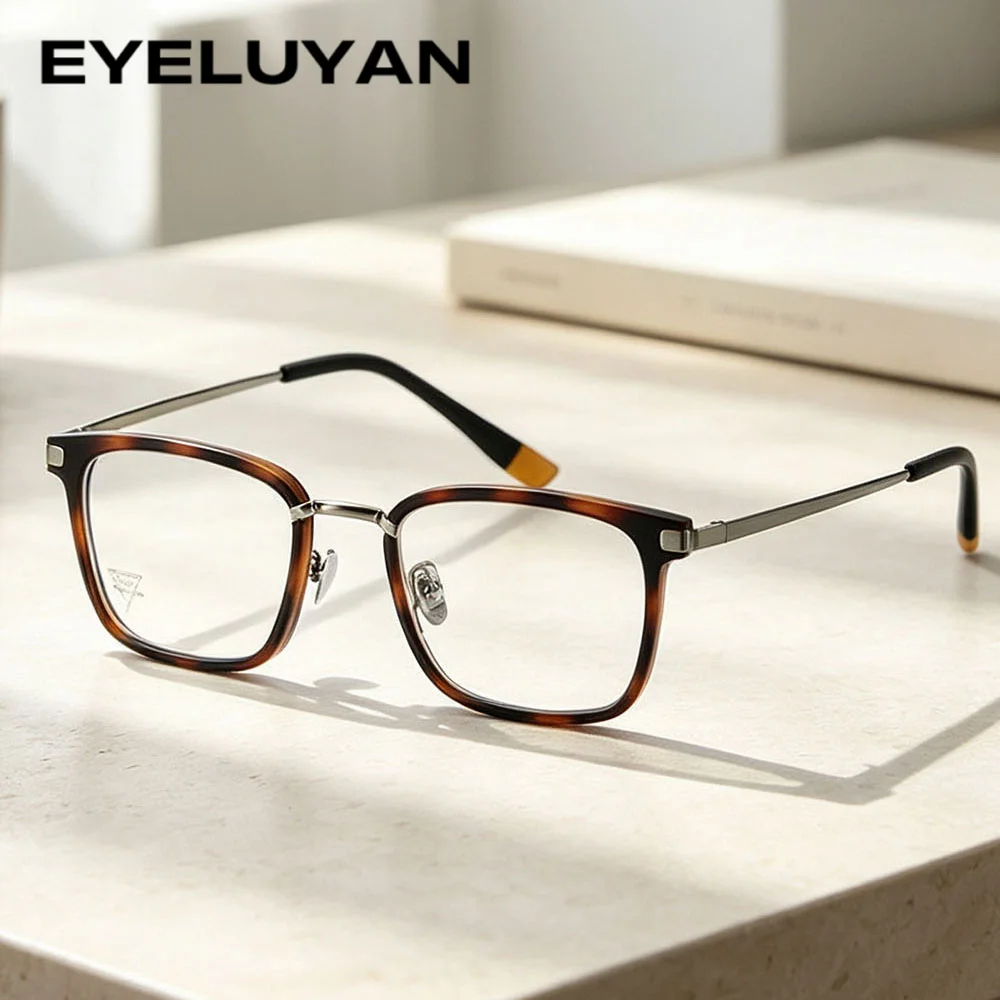 EYELUYAN 145mm Width Square Glasses Frame Men Acetate Titanium Full Rim Optical Myopia Eyewear Frame Tortoiseshell V6012T