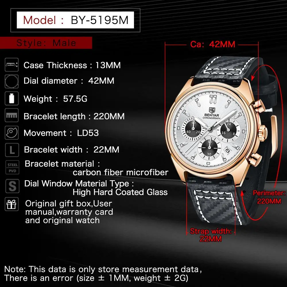 BENYAR Top Men's Watch Luxury Sports Timing Quartz Watch Gold Fashion Automatic Date Watch Relegio Mangio Mais Vendidos BY5195
