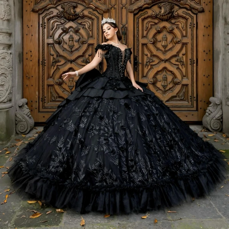 

Black Shiny Quinceanera Dresses Off The Shoulder Applique Flower Beading Crystal Bow Tiered Tull Corset Party Birthday Sweet 16