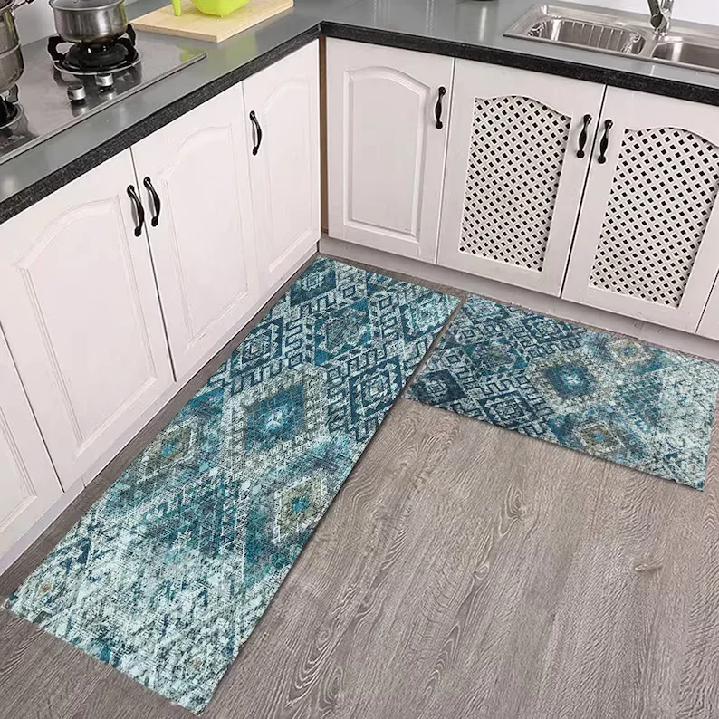 Baumwolle Küchenmatte Set Blau Böhmen Küchenteppich Wohnzimmer Schlafzimmer Balkon Heimdekoration Teppich