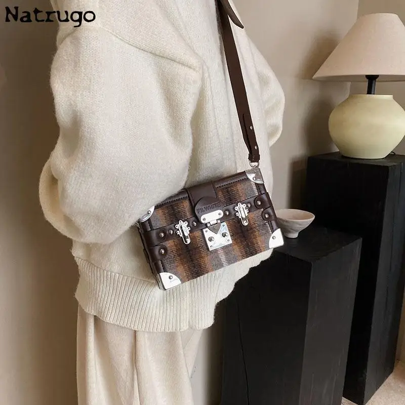 Lattice Design Box Bag Female Retro Pu Leather Patchwork Woolen Fabric Small Crossbody Bag For Women Shoulder Bag 2024 New