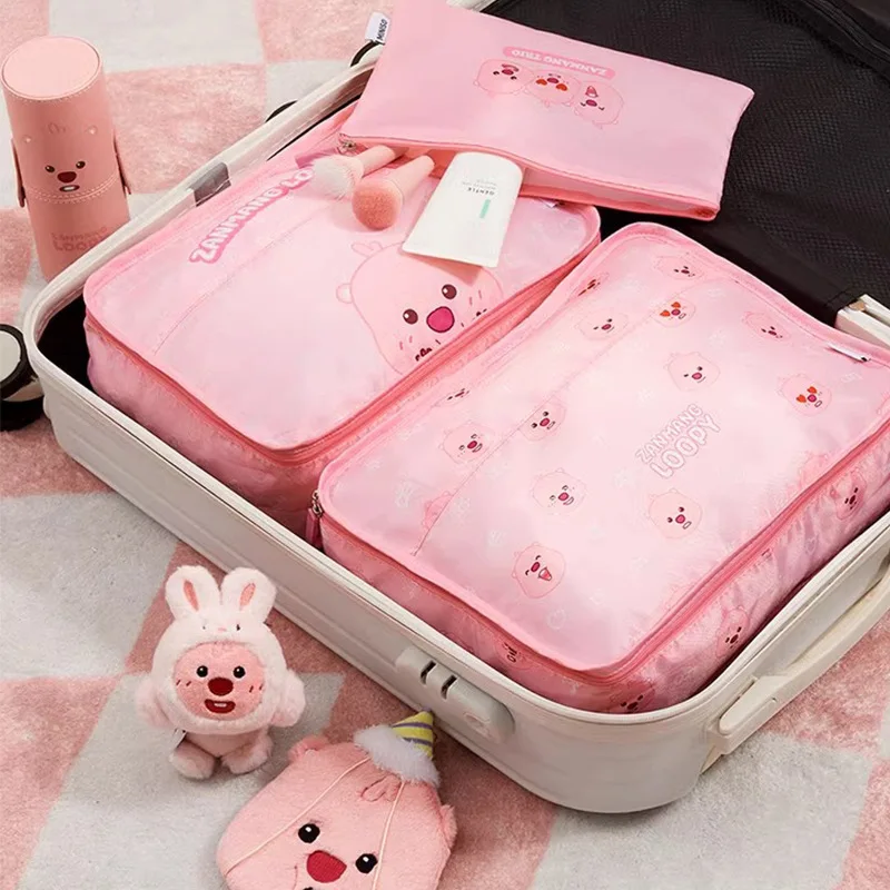 MINISO-Ensemble de sac de maquillage Kawaii, série ZANMANG LOOPY, facile à transporter, cadeau d'anniversaire mignon, périphérique d'anime, voyage, 3 pièces