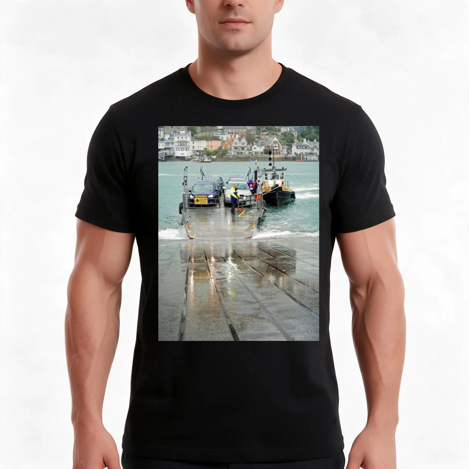 Lower Ferry Arriving At Dartmouth, Devon T-Shirt, Summer Casual Cotton Tee, Oversized Streetwear Tops, Vintage Graphic Print