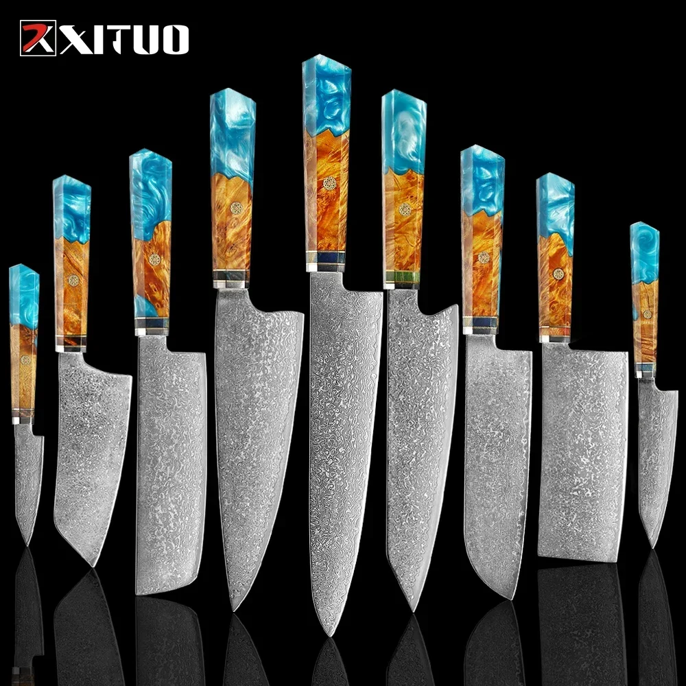 Damascus Knife Set 1-9PCS Japanese Chef Knife Damascus VG10 Steel Kitchen Knife Razor Sharp Santoku Knives Ergonomic Handle