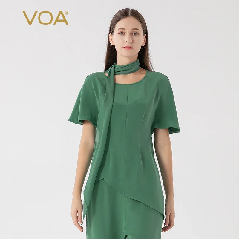 VOA Silk Spruce Green 30momme Heavy Sand Wash Scarf Hanging Neck Collar Tops Raglan Flare Short Sleeve Waist Tie T-shirt BE1579