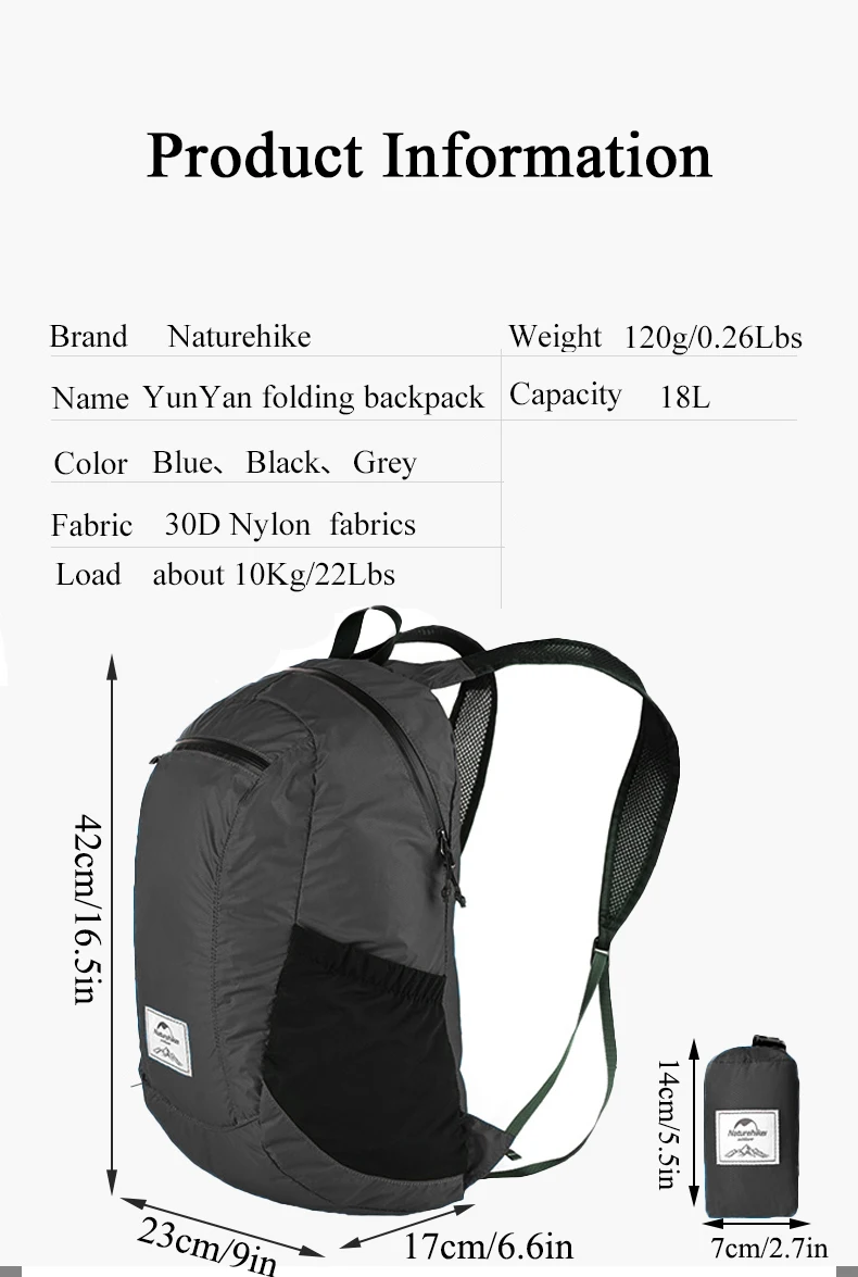 Naturehike 18L Camping Rucksack Tragbare Ultraleicht Wasserdichte Nylon Taschen Mann Outdoor Faltbare Sport Reise Wandern Rucksack – Detail 11