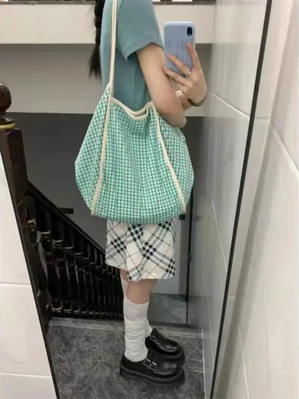 Korean All-match Large-capacity Plaid Tote Bags Women's 2024 New Fashion Simple Personality All-match Commuter Shoulder Bags