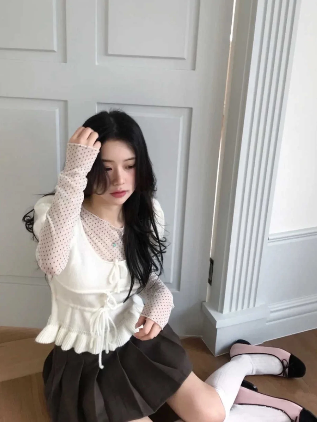 

Корейский вязаный топ с многослойным узлом, женская весенне-осенняя маленькая футболка Fraance Wind Personali с внутренней частью Che Uppe...