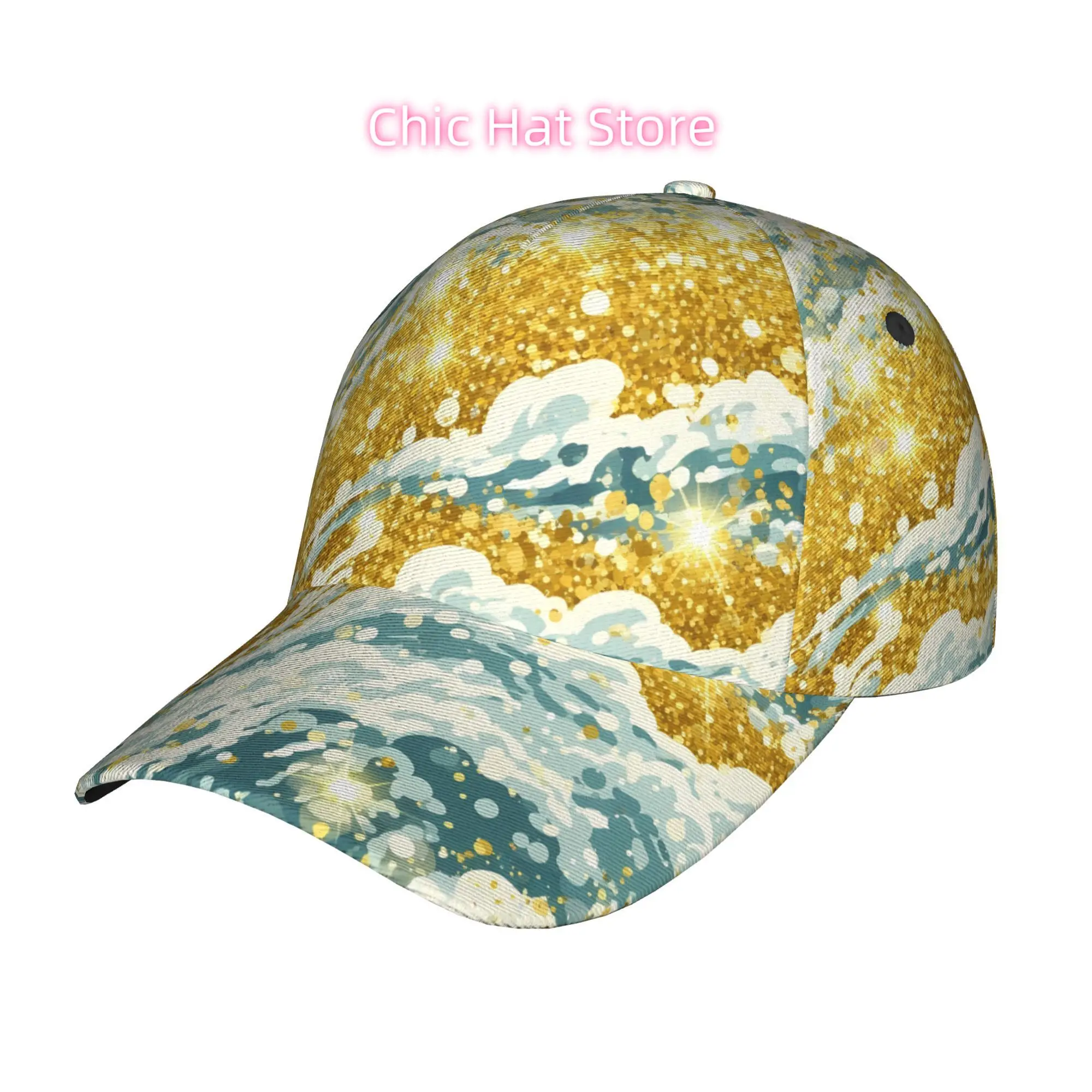 Golden Glitter Waves, Fashionable Printed Baseball Cap, Curved Brim Baseball Cap, Sports Running Caps, Adjustable Baseball Caps