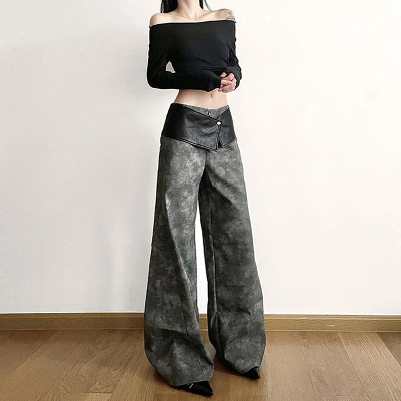 Y2K Pu Leather Wide Leg Pants Women Harajuku Streetwear Patchwork Baggy Pants Gyaru Grunge Fashion High Waist Straight Trousers