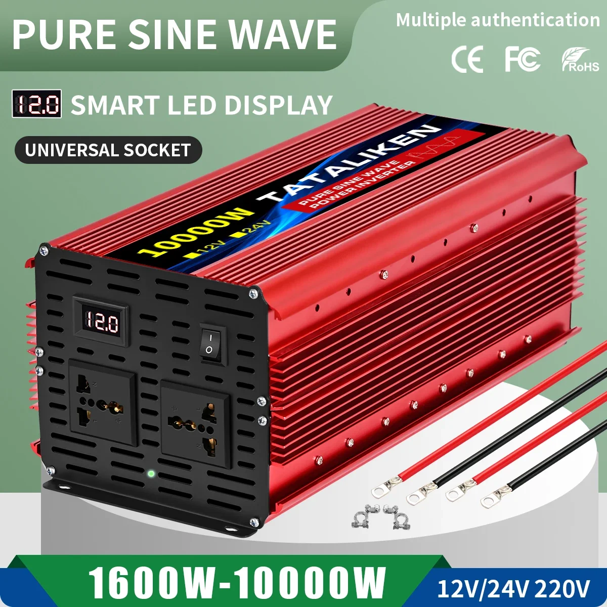 1600W-10000W Pure Sine Wave Power Inverter 12V/24V DC to 110V/220V Converter with Type-C Ports 2 AC Power Outlets  LCD Display