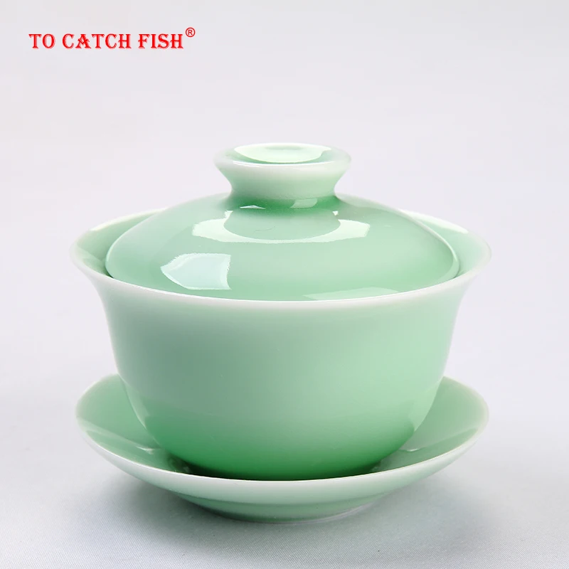 Chinese Celadon Gai Wan Tea Set Gaiwan Porcelain Gaiwan for Travel Chawanmushi Bowl With Lid Bowl Lotus Hand Drawing Soup Tureen