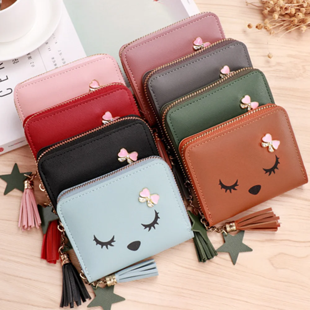 Dompet wanita Mini wanita dompet rumbai pendek lucu gadis ritsleting kulit Pu dompet koin dompet tangan wanita dompet cartera