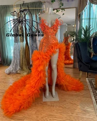Orange Sweetheart Long Prom Dress For Black Girls 2026 Beaded Ruffles Birthday Party Dresses Puffy Slit Evening Gown Customzied