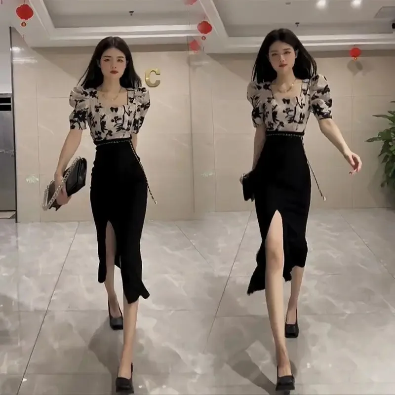 Skirt Suits Women's Two Piece Set Short Sleeve Long Maxi Sexy Female Outfits Slit Party Jacket Vacation 2024 Top and Bottom Full