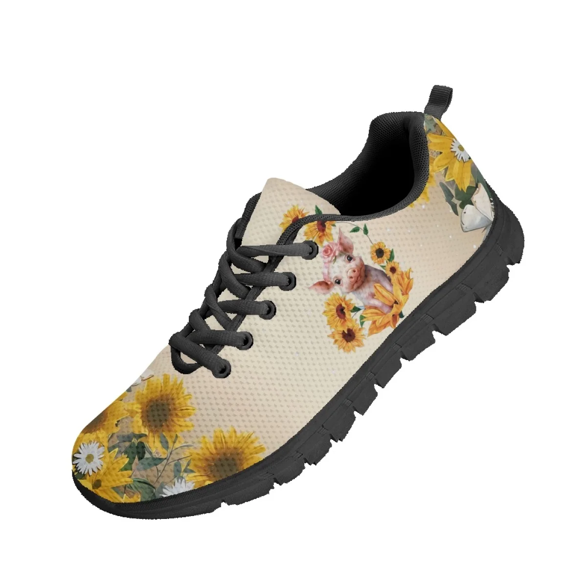 INSTANTARTS Cute Sunflower Little Pig Design Casual Sneakers Non-Slip Sport Shoes Comfort Shockproof Walking Flats for Women Hot