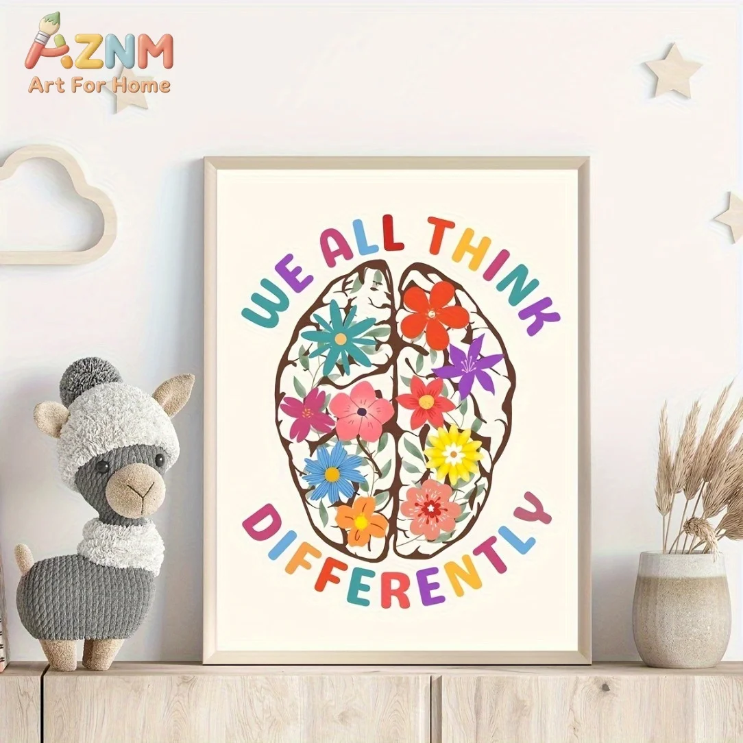 AZNM We All Think Differently Canvas Wall Art Colorful Floral Brain Poster Neurodiversity Special Education Classroom Decor Unfr