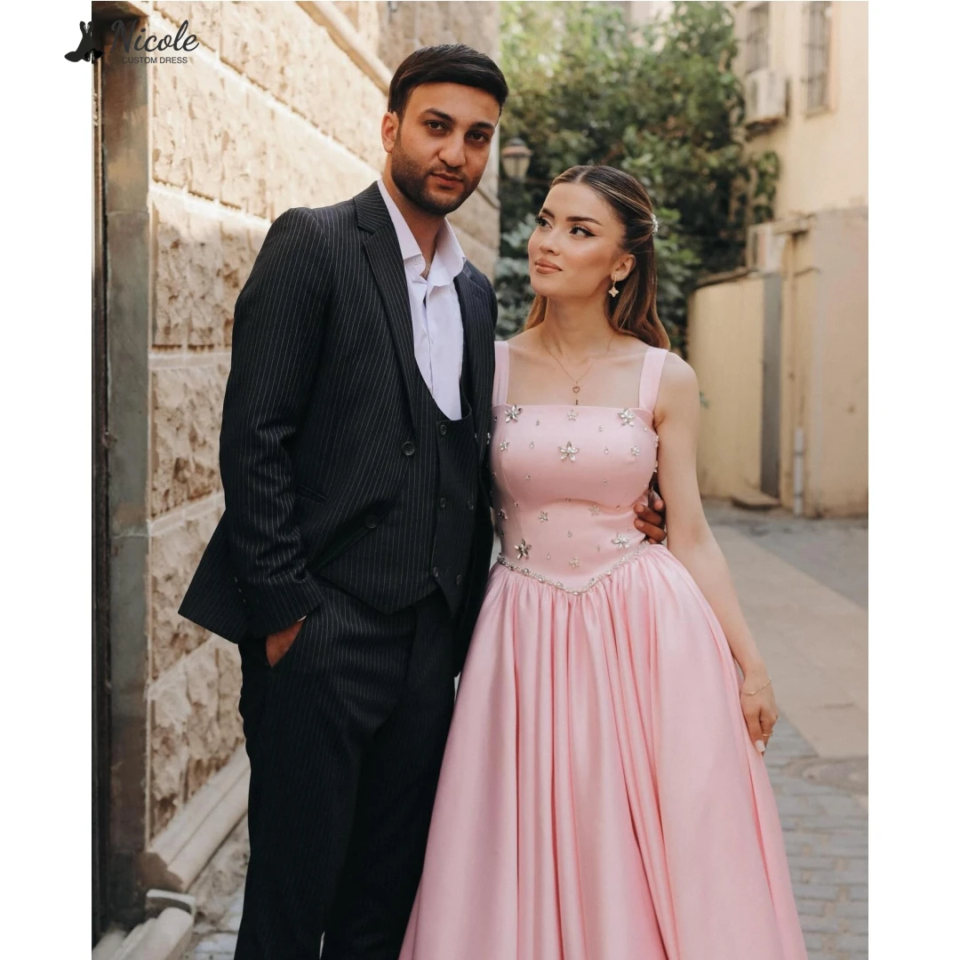 

Nicole Custom Made Prom Gown Evening Dresses 2025 Luxury Party Evening Dress Wedding Guest Line A Satin Bead Embroidery Ballgown