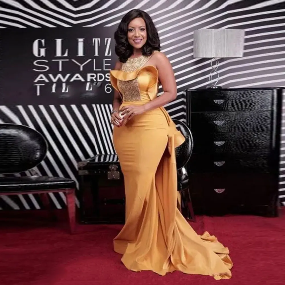 Vestidos De Noche elegantes De sirena amarilla para mujer, vestidos De graduación sin mangas con lentejuelas, alfombra africana, bata para ocasión Formal De boda