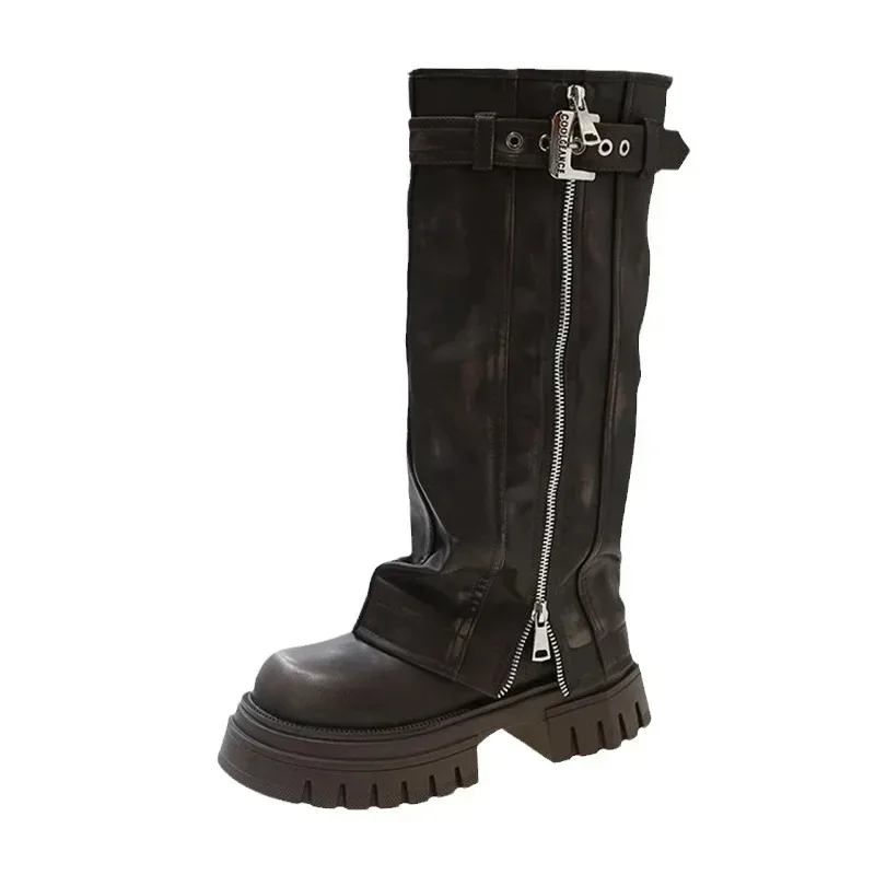 Autumn Winter Women Pants Tube Knee High Boots Fashion Belt Buckle Ladies Punk Style Platform Thick Sole Long Knight Booties